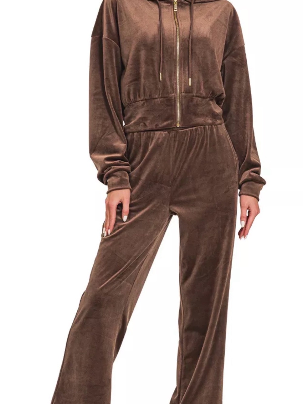Zenana Outfitters Brown Velvet Track Jumpsuit with Gold Accents